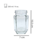 Frasco de Vidrio Hexagonal para Envase 9 Oz / 250 Ml R-63 Twist Off Transparente Sin Tapa